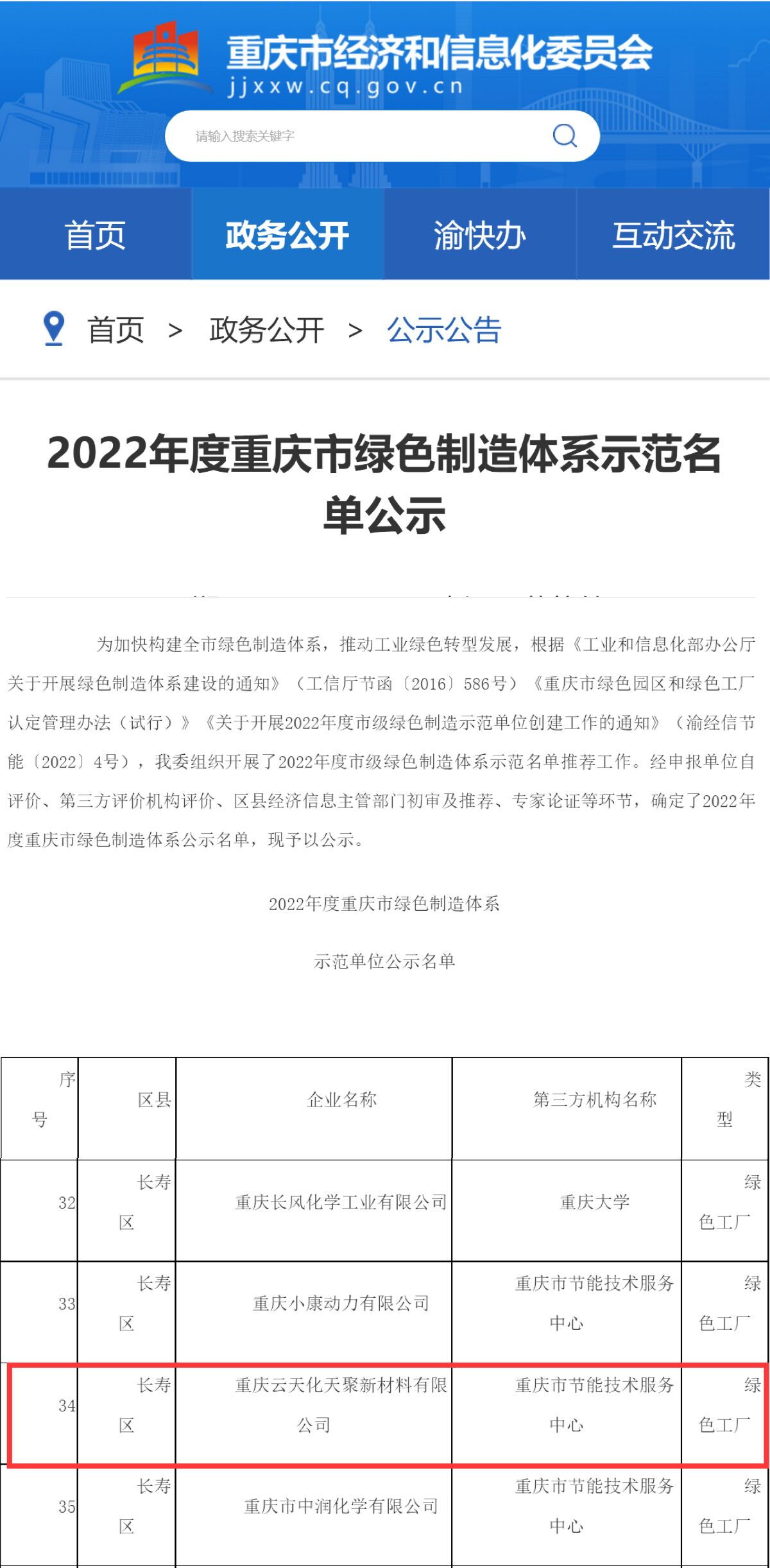 天聚新材榮獲重慶市“綠色工廠”稱號