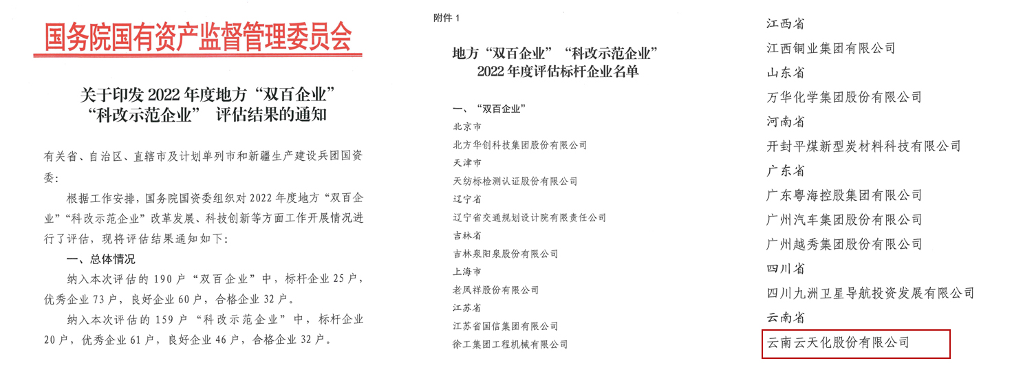 全省唯一！云天化股份獲評 “雙百企業(yè)”標桿